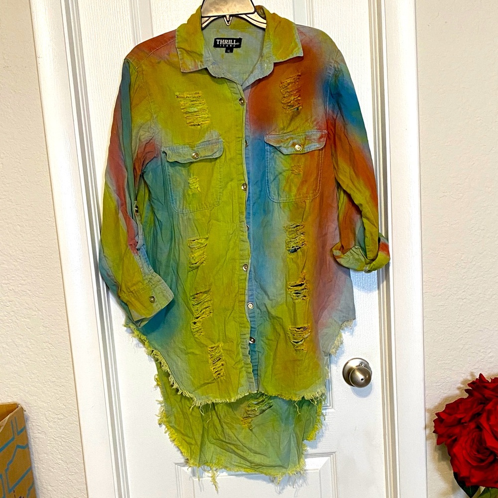 Colorful Distressed Button-Up Shirt